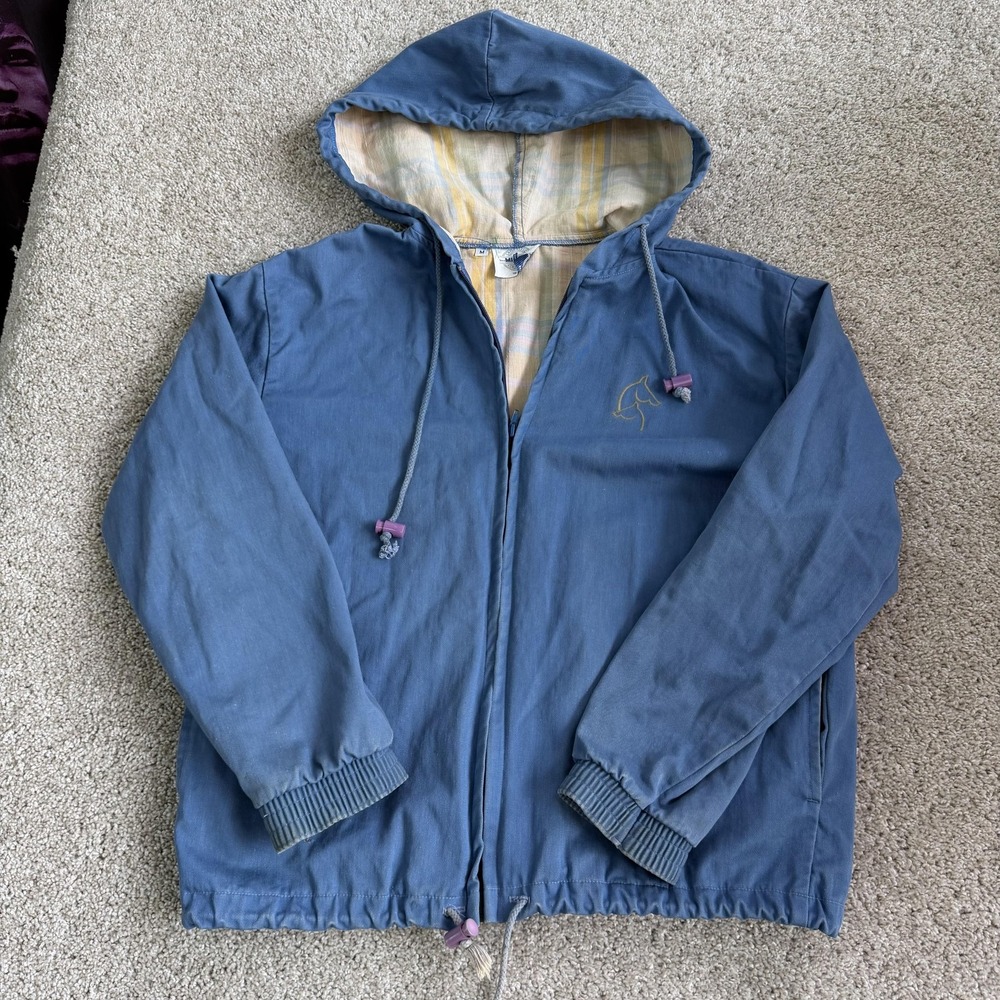 Vintage Miller's Jacket Men Medium Blue Hooded Windbreaker Horse Plaid Lined USA